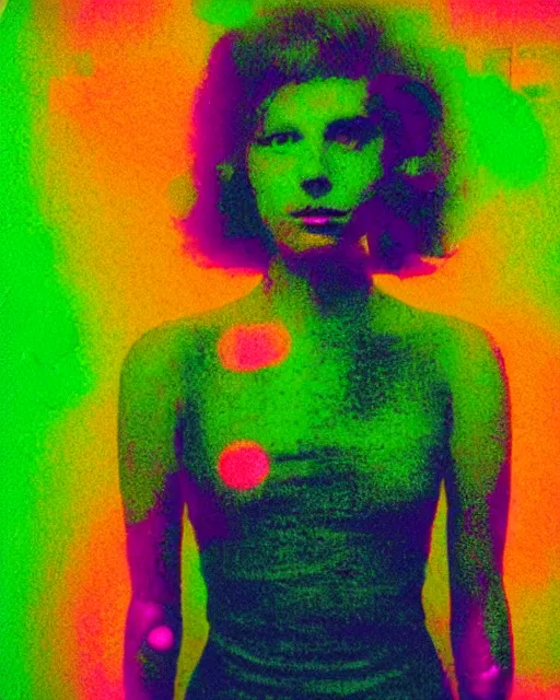 Prompt: futuristic woman's face, blank expression, violet and yellow and green lighting, polaroid photo, atmospheric, whimsical and psychedelic, grainy, expired film, super glitched, corrupted