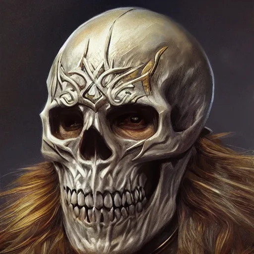 Image similar to realistic d & d fantasy character wearing a skull mask, closeup portrait art by donato giancola and greg rutkowski, vintage retro, realistic face, digital art, trending on artstation, symmetry!!