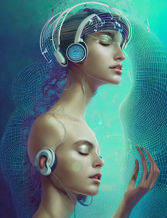 Prompt: 3 d goddess of music and 🔊 wide angle portrait with musical notes, headphones, subwoofers, and speakers. music, wave frequencies, cymatics. auditory symbiogenesis, synaesthesia, polyphonic communication, sonic projection, artwork by tooth wu and android jones wlop and android jones and beeple and greg rutkowski