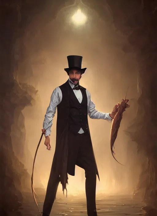 Prompt: portrait of a catfish dressed in a waistcoat and top hat, highly detailed, fantasy, godrays, cinematic lighting, close up, volumetric, realistic, digital art by greg rutkowski