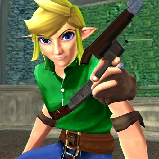 Prompt: link with a gun, ps 2 graphics