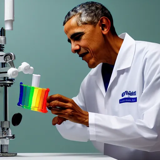 Prompt: a photograph of barack obama wearing a lab coat injecting a frog with a rainbow in a syringe