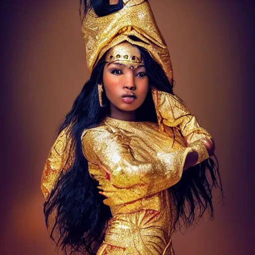 Image similar to aesthetic!!!!!! Female genie in Arabic clothing, black skin, long black hair, gold tint, frontal pose, cinematic lighting, silk, fabric, full-length view, graphex camera, symmetrical balance, in-frame, bokeh!!!!!!