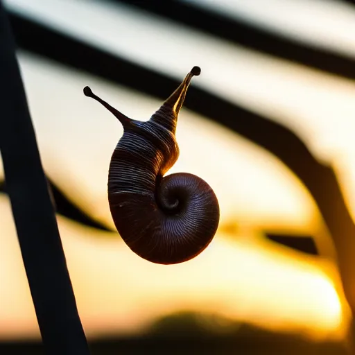 Prompt: closeup photo of a snail at sunset, backlighted, professional photo, nikon d 7 2 0 0, f / 1. 8