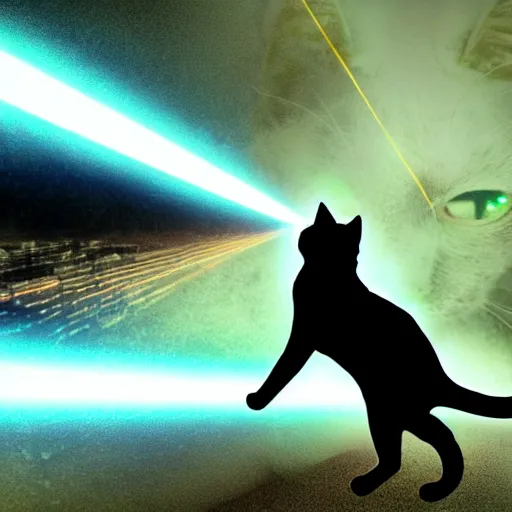 Image similar to cat android shooting laser from eyes, digital art, epic perspective, cinematic