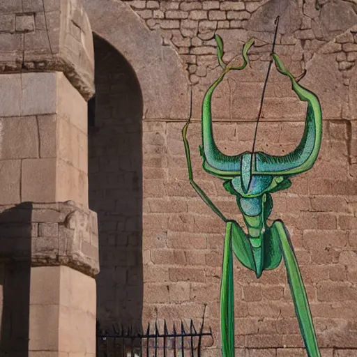 Prompt: Portrait of human-sized Mantis religiosa in medival city.