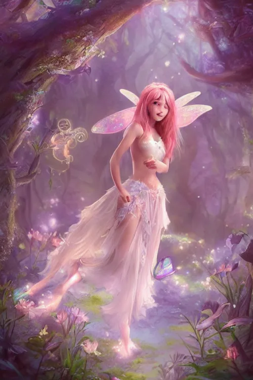 Image similar to a cute fairy in the dreamy forest, fantasy, 8 k resolution, hyper detailed, d & d, character design, digital painting, trending on artstation, sharp focus, illustration, art by artgerm, steve zheng, fuji choko, viktoria gavrilenko, hoang lap