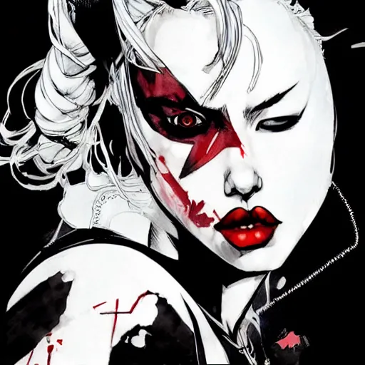 Image similar to dc vertigo Harley Quinn by yoji shinkawa and Ashley wood, black and white, detailed