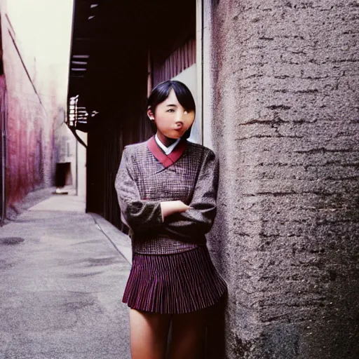 Image similar to a perfect 8K HD professional photo of close-up japanese schoolgirl posing in sci-fi dystopian alleyway, at instagram, Behance, Adobe Lightroom, taken with polaroid kodak portra