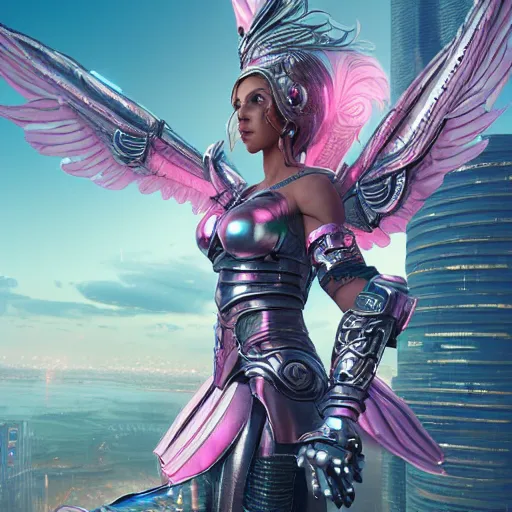 Prompt: woman valkyrie with pink metal wings, celtic and cyberpunk armor, cityscape, flying, high detail, sharp focus, silver cyber armor, art by artgerm and greg rutkowski, digital painting, smooth render, octane render, unreal engine 5,