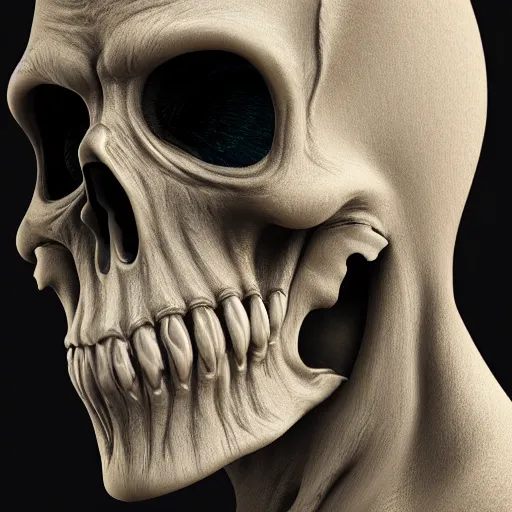 Image similar to an intricate, detailed face of the grim reaper, Ivory skin, dramatic lighting, 8k render, Octane, Photorealism, art nouveau