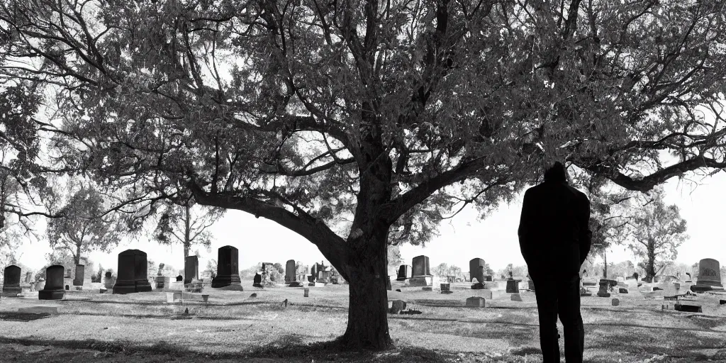 Image similar to Photo of a man in black near a tree in the cemetery looking into the distance