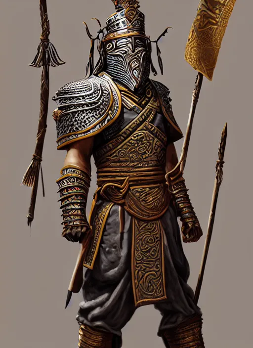 Image similar to tai warlord, portrait, pose as king ramkhaheang monument, historical, ethnic group, traditional tai costume, bronze headset, leather shoulder armor, fantasy, intricate, with leather armor cross onbare chest, elegant, loin cloth, highly detailed, oill painting, artstation, concept art, matte, sharp focus, illustration, hearthstone, art by earl norem