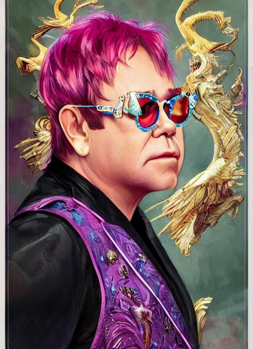 Prompt: Elton John using pink jumpsuit , headshot, painted fantasy character portrait, D&D, highly detailed, digital painting, artstation, sharp focus, art by artgerm and greg rutkowski and alphonse mucha and magali villeneuve