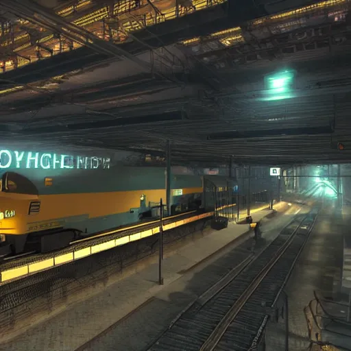 Image similar to photo of Immense industrial futuristic cargo train arrives at cyber punk city station, cinematic lighting,