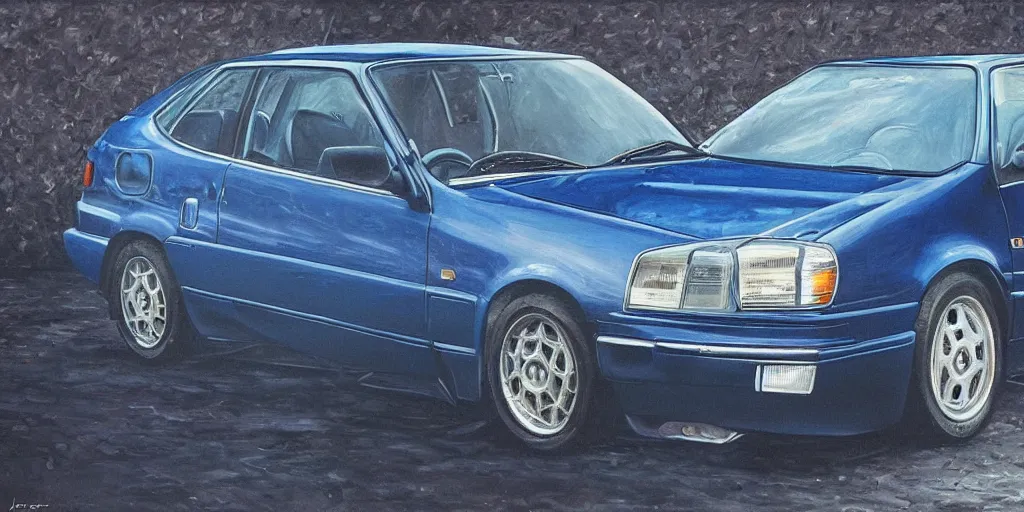 Image similar to Highly detailed oil painting of a dark blue 1991 opel astra, strong atmosphere, oil painting masterpiece by Josep Tapiró Baró, symmetry, fractals