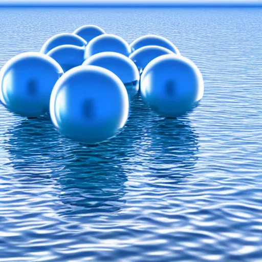 Image similar to smooth reflective chrome spheres floating above a peaceful calm blue ocean landscape, ambient, retro, abstract, surrealism, ray tracing, volumetric light, digital art