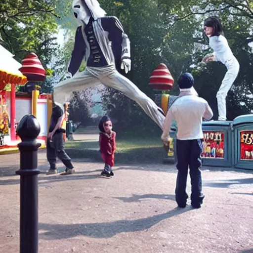 Prompt: the ghost of michael jackson haunting an amusement park, horror scene, hyper realistic