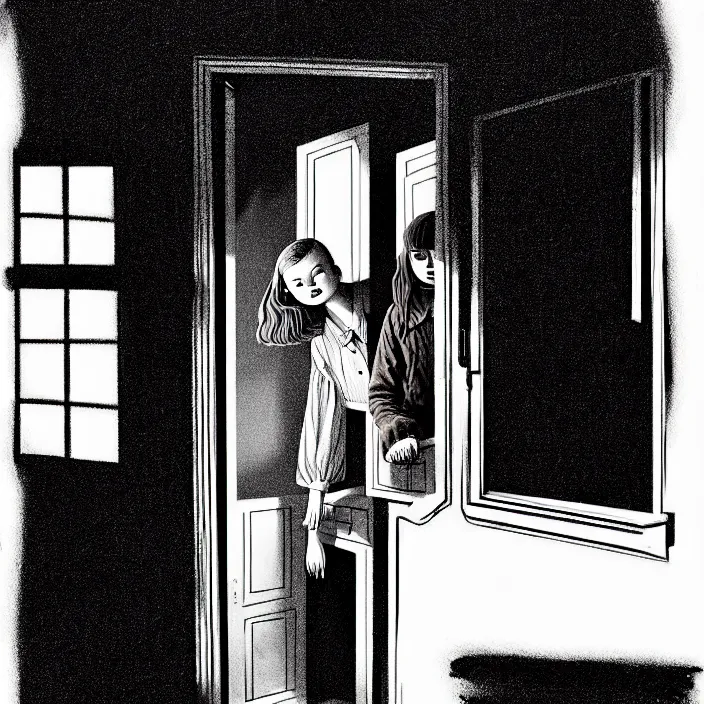 Image similar to [ sadie sink in dirty workmen clothes opens the door to enter ] [ a very dark dingy 1 9 6 0 s house ]. technique : black and white pencil and ink. by gabriel hardman, joe alves, chris bonura. cinematic atmosphere, detailed and intricate, perfect anatomy