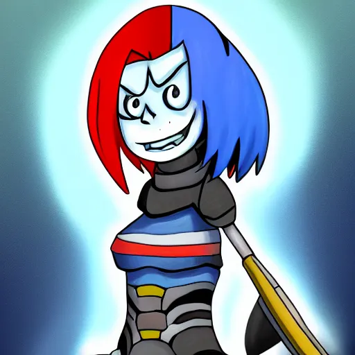 Image similar to digital painting of Undyne from the game Undertale