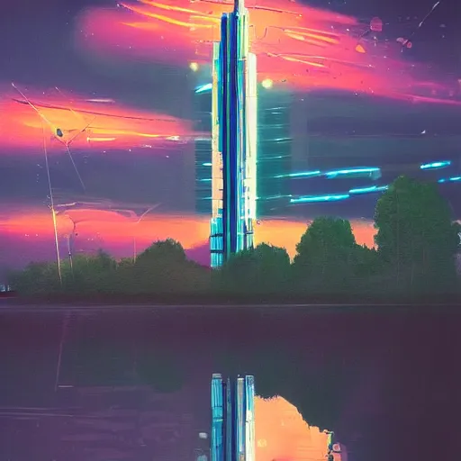 Image similar to futuristic science fiction magical building towering above the river, reflection on the water, beautifully lit, by Alena Aenami