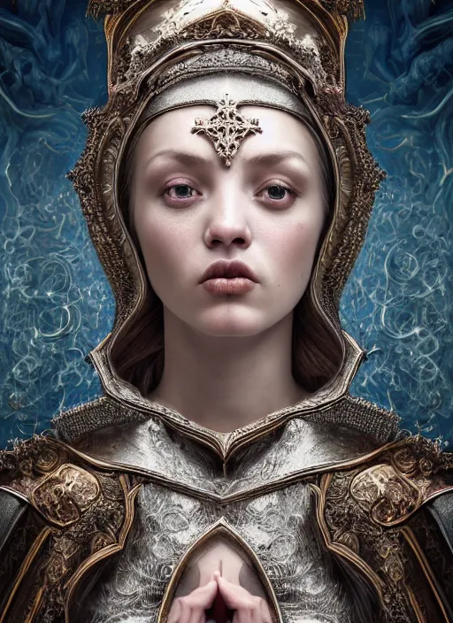 Image similar to hyperrealistic mixed media portrait of a beautiful female holy cleric, stunning 3d render inspired art by Mark Ryden + perfect facial symmetry + dim volumetric lighting, ornate silver gothic armor, swirling radiant energy, 8k octane beautifully detailed render, post-processing, extremely hyperdetailed, intricate, epic composition, grim yet sparkling atmosphere, cinematic lighting + masterpiece, trending on artstation, Art Nouveau