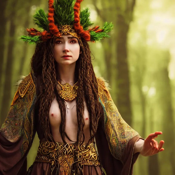 Prompt: photograph of a real-life beautiful druid with ornate robes. Extremely detailed. 8k