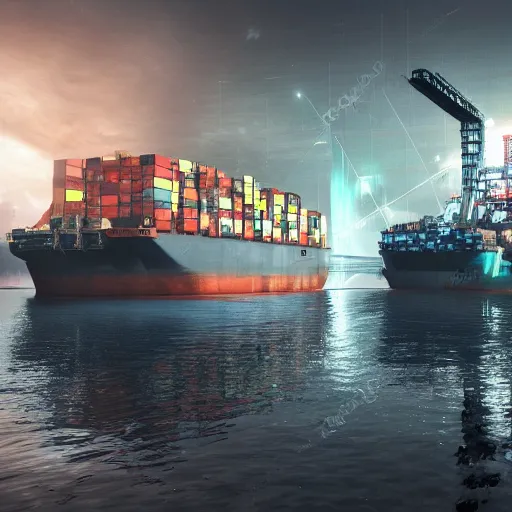 Image similar to photo of Immense industrial futuristic cargo ship arrives at cyber punk city sea port, cinematic lighting, photo