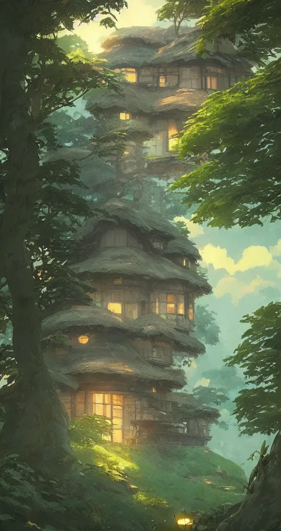 Image similar to Stunning cottage, solar, lush, forest, beautiful, by Studio Ghibli and Greg Rutkowski, artstation