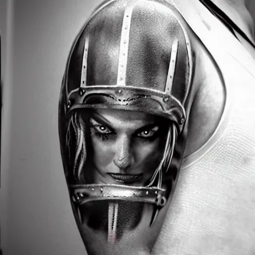 Image similar to an up close gladiator with shield and sword, tattoo, tattoo art, Black and grey tattoo style,