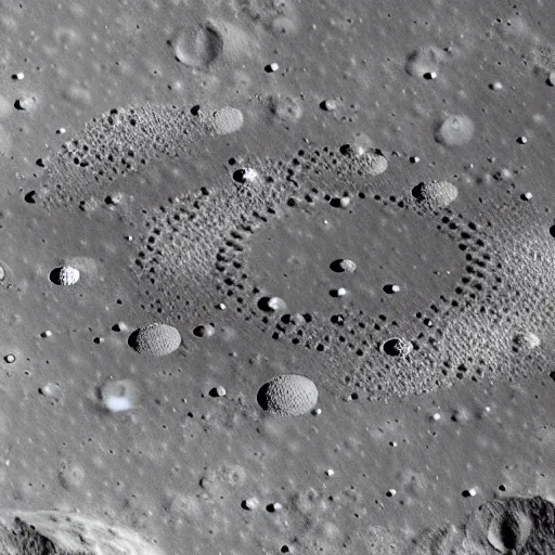 Image similar to a detailed image of a future lunar base, with a human settlement nestled among the craters and craggy surface of the moon.