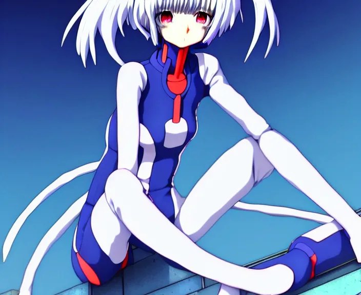 Image similar to anime art, fullbody shot of female rei ayanami, evangelion, long blue hair and large eyes, finely detailed perfect face, in a pale skintight plugsuit, sitting on rooftop, flooded city, trending on pixiv fanbox, by ilya kuvshinov, sola digital arts,, raytracing