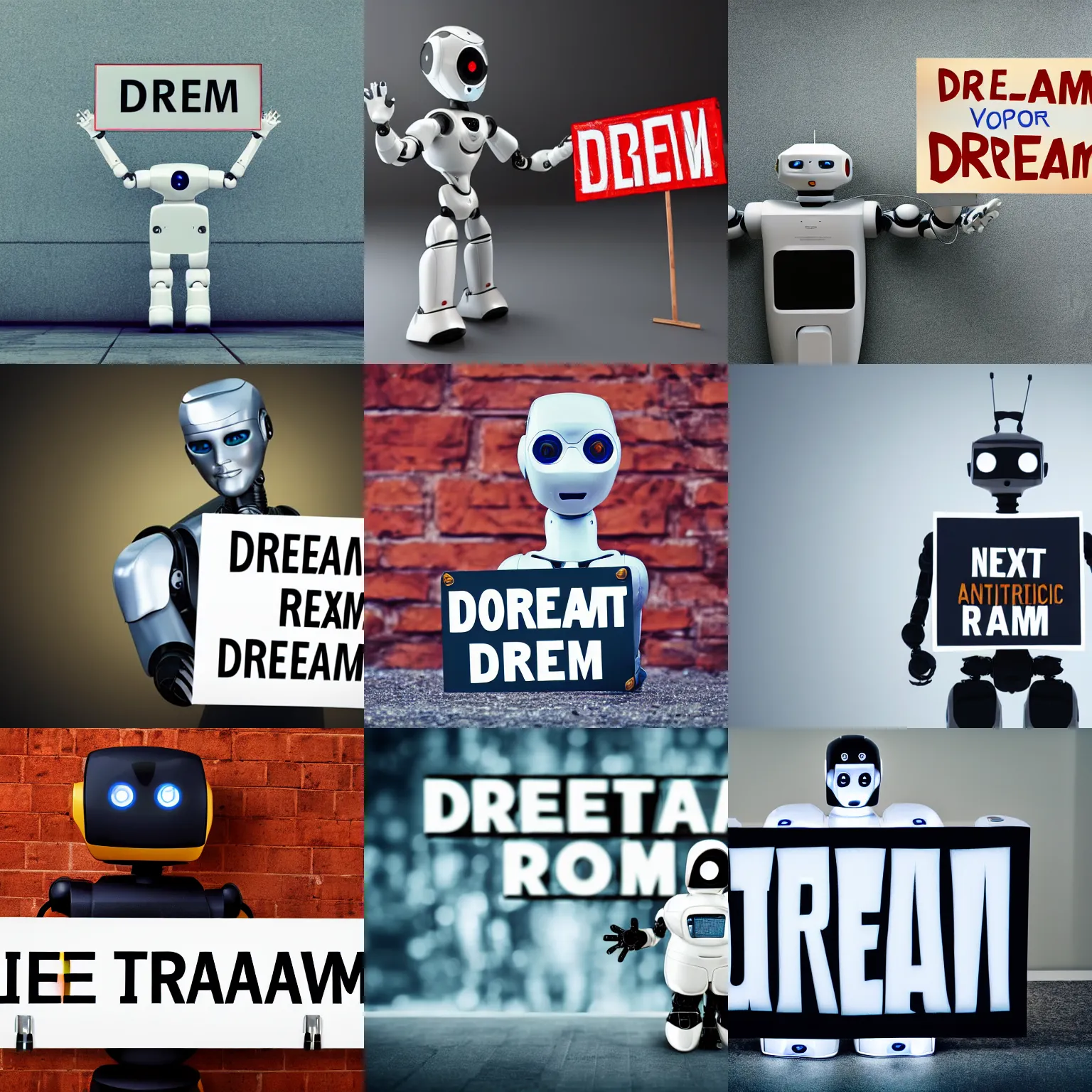 Image similar to artificial intelligence robot holding a sign with text that reads : dream