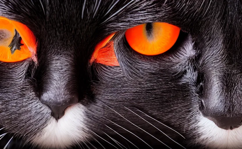 Image similar to A black cat with red eye in one eye and orange eye in another, incredible cinematic studio lightning, 4k