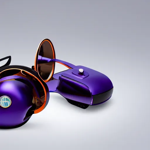 Prompt: award winning product photography, 3 5 mm lens, of a glossy orange metallic and shiny purple metallic shiny ergonomic virtual reality headset in style of a 1 9 3 6 bugatti type 5 7 sc, studio lighting,