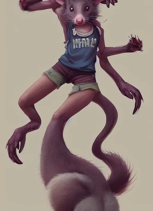 Image similar to character portrait of a female anthro opossum fursona wearing a tanktop and shorts with arm tattoos. Character design by charlie bowater, ross tran, artgerm, and makoto shinkai, detailed, inked, western comic book art