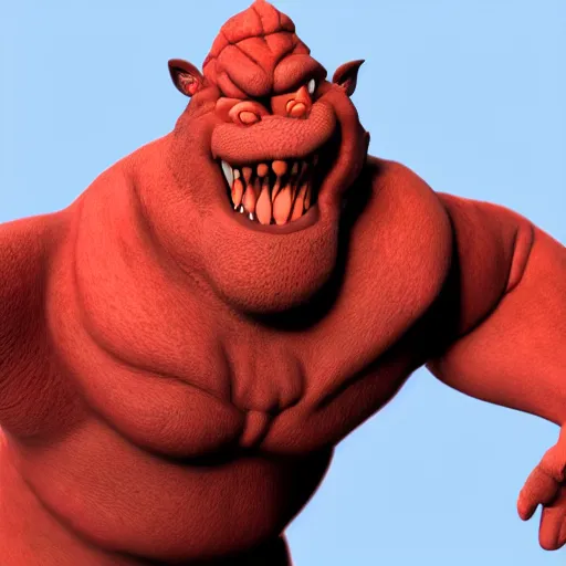 Image similar to portrait of funny red ogre, unreal engine render, volumetric light, high détail