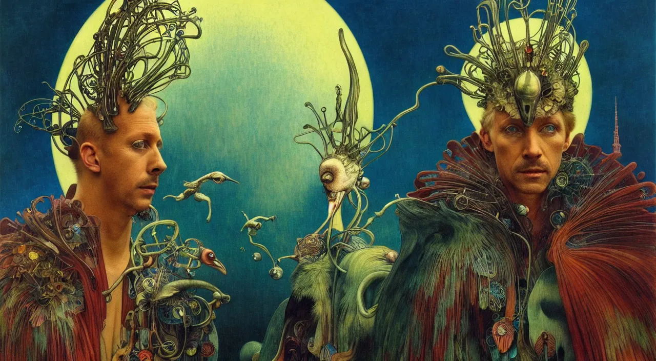 Image similar to realistic detailed portrait movie shot of a birdman wearing dark robes, sci fi city landscape background by denis villeneuve, amano, yves tanguy, alphonse mucha, ernst haeckel, max ernst, roger dean, masterpiece, rich moody colours, blue eyes, occult