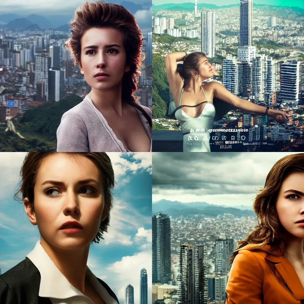 Prompt: an attractive young female on top of the skyscraper with strong winds in Colombia, movie poster, cinematic light, sharp focus, highly detailed, smooth, in the style of tv-show Narcos