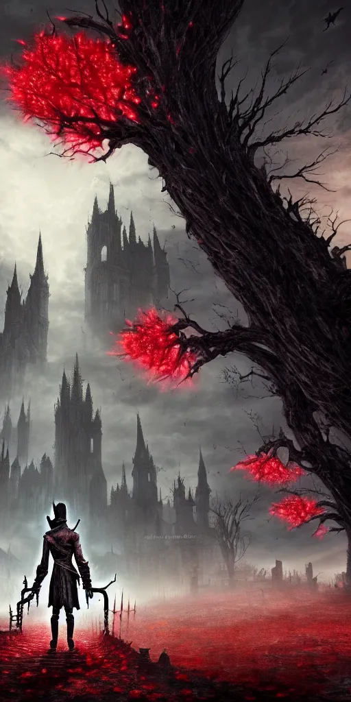 Image similar to abandoned bloodborne old valley with a person at the centre and a ruined gothic city at the end, trees and stars in the background, falling red petals, epic red - orange moonlight, perfect lightning, wallpaper illustration by niko delort and kentaro miura, 4 k, ultra realistic