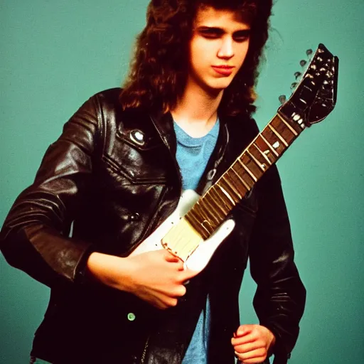 Prompt: 19-year-old boy with long permed wavy brown hair, leather jacket and denim jeans, holding electric guitar, 1977, punk rock, heavy metal, super 8mm film