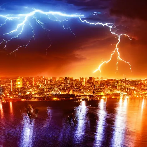 Image similar to hyperrealistic thunderstorm over a glowing city at night, 4 k realistic detailed, 8 k