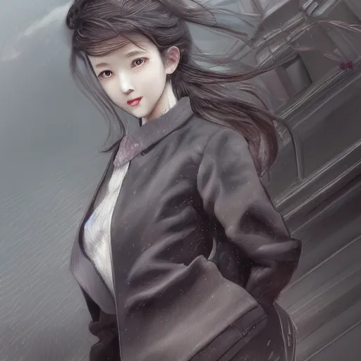 Image similar to dynamic composition, motion, ultra-detailed, incredibly detailed, a lot of details, amazing fine details and brush strokes, colorful and grayish palette, smooth, HD semirealistic anime CG concept art digital painting, watercolor oil painting of a young office lady, by a Chinese artist at ArtStation, by Huang Guangjian, Fenghua Zhong, Ruan Jia, Xin Jin and Wei Chang. Realistic artwork of a Chinese videogame, gradients, gentle an harmonic grayish colors.