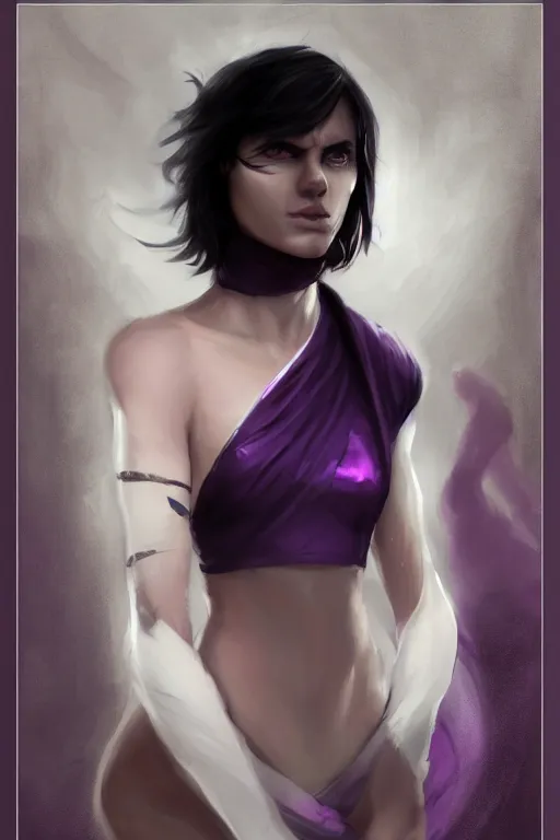 Image similar to white horns djinn human mix, black hair , portrait, concept art, purple and white thich cloak, single face, illustration, costume design, editorial photo, fashion, hyperrealism, realism, trending on artstation, Charlie Bowater, WLOP