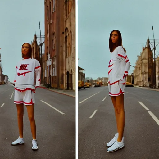 Image similar to realistic! photoshoot for a new nike lookbook, color film photography, portrait of a beautiful model, photo in style of wes anderson, 35mm