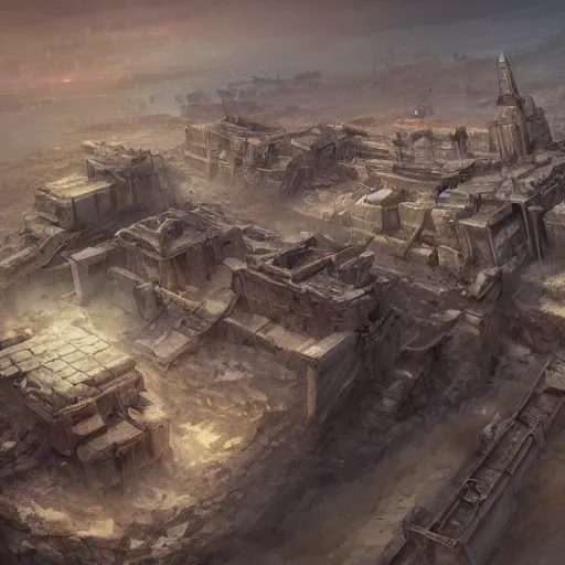 Prompt: The dilapidated city of an advanced civilization that crumbled after an apocalyptic event found in the depths of a dark sand cavern, seen from above, concept art, highly detailed, artstation