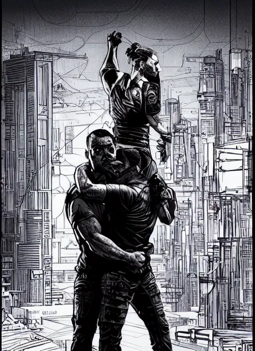 Prompt: Dumb Bubba. Buff cyberpunk meathead in a headlock. Realistic Proportions. Concept art by James Gurney and Laurie Greasley. Moody Industrial skyline. ArtstationHQ. Creative character design for cyberpunk 2077.