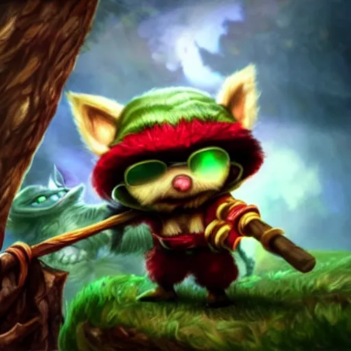 Prompt: still of Teemo from League of Legends in the style of Jim Henson, wearing goggles and wielding an axe