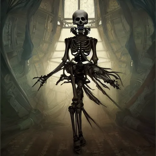 Image similar to a skeleton with big googly eyes, wearing designer clothes, dancing at a techno rave, historical, intricate, highly detailed, dynamic lighting, digital art, digital painting, artstation, wlop, sharp focus, illustration, art by artgerm and greg rutkowski and alphonse mucha