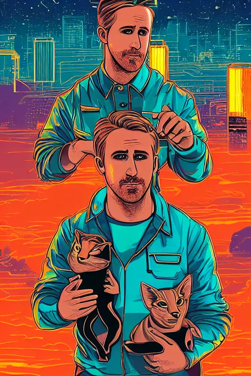 Prompt: a portrait of Ryan Gosling holding a cute caracal with thunders in the sky in a future cybernetic city, outrun style and colours, trending on arstation, by dan mumford, by ross tran